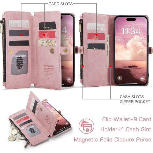 Defencase Compatible with iPhone 17 Case Wallet with RFID Blocking Card Holder for Women and Men, Fashion PU Leather Magnetic Snap Flip Zipper Strap Wallet Phone Case for iPhone 17 6.3, Rose Pink