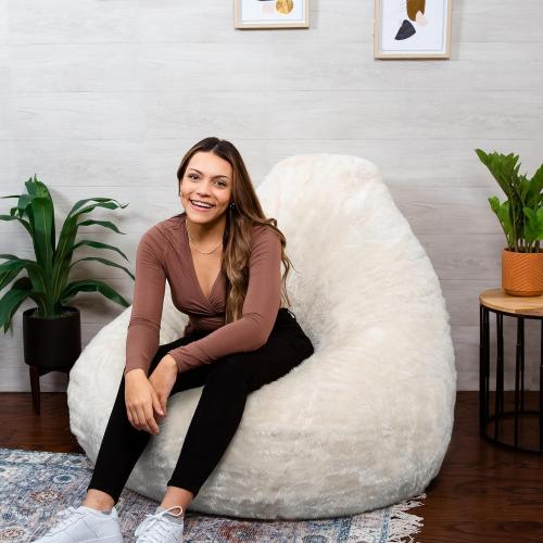 Big Joe Lotus Foam Filled Teardrop Bean Bag Chair with Removable Cover, Ivory Short Shag, Soft Faux Fur, 4 feet Big, Fuf Large Teardrop