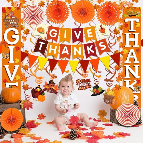 Famoby GIVE THANKS Hanging Banner Porch Sign Autumn Pumpkin Maple Leaf Backdrop Flag Banner Paper Fan&Swirls for Thanksgiving Party Decorations