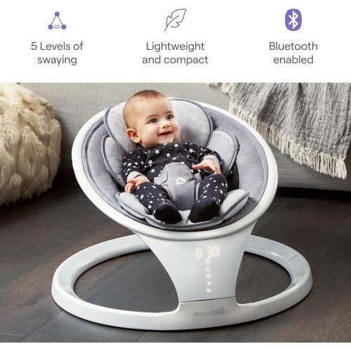 Munchkin Electric Baby Swing, Portable and Lightweight, Bluetooth Enabled Infant Rocker with Natural Sway in 5 Ranges of Motion, Newborn Nursery Essentials, White/Grey