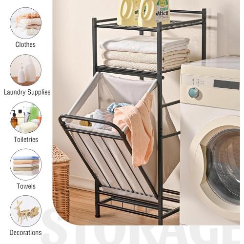 PLKOW Tilt Out Laundry Hamper with Shelf, Laundry Basket Laundry Hamper Cabinet with Removable Liner Bag, 65 Liter, 15.8L x 15.8W x 40H Inch