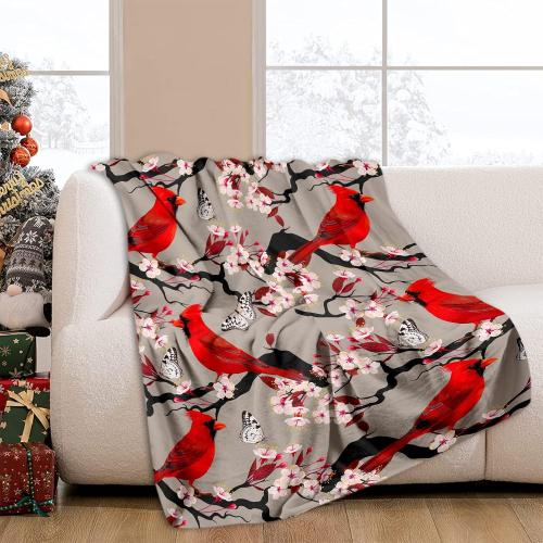 JOOCAR Flannel Throw Blanket Cardinals Birds Cherry Flowers Cozy&Soft Plush Blankets for Bed Couch Living Room Sofa Chair