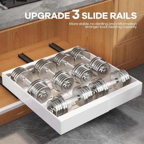 2Pack Expandable Pull Out Cabinet Organizer 21Deep With Raising Pad for Framed Cabinets, Upgrade 3 Slide Rails Slide Out Drawers, Roll Out Shelves Adhesive,Adjustable Width 12.05-20.4White
