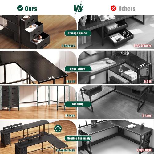 Size 59 inch Color Black  L Shaped Computer Desk with Power Outlets, Home Office Desk with 4 Adjustable Storage Drawers & 2 Monitor Stands, Two Person Gaming Table for Bedroom, Black
