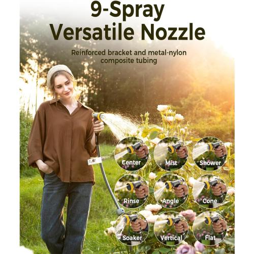 Grey and Yellow Retractable Garden Hose Reel 5/8 in x 100 ft Upgraded UV Resistant Heavy Duty Automatic Hose Reel Wall Mount 3/4 in Brass Fitting 9 Pattern Nozzle Any Length Lock Slow Retraction 180° Swivel