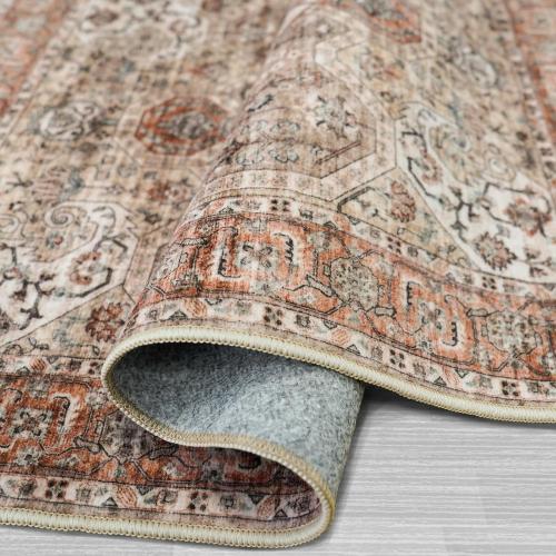 Washable 9x12 Large Area Rug: Vintage Non-Slip Backing Rugs for Living Room Stain Resistant Bedroom Carpet Soft Medallion Farmhouse Floor Mat for Dining Room Home Office 9x12 Brown/Orange