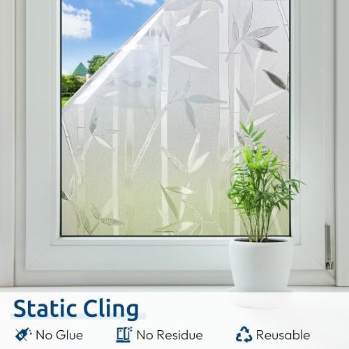 rabbitgoo Window Privacy Film Frosted Bamboo Pattern, Removable UV Blocking Stained Glass Decals Covering Decorative Window Cling for Home, 35.4 in X 6.5 Feet, Regular