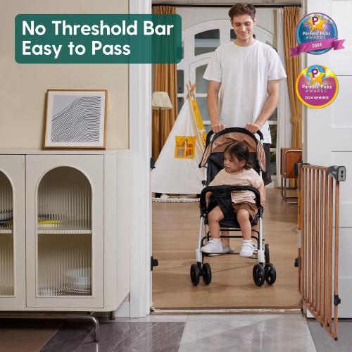 Babelio Baby Gate for Stairs & Doorways, 26-43 W 28 H No Bottom Bar| Easy Installation| One-Handed Operation| Auto-Close| Hardware Mount (Drill Needed) Safety Dog/Pet Gate (Brown Wood Pattern)