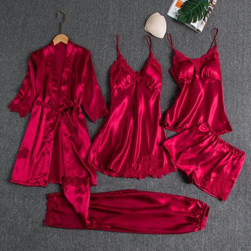 Womens Medium Silk Pajamas Robes Set Sexy Satin Pjs Sets 5Pcs Nightgown Cami Shorts Pants Sleepwear Summer Cute Loungewear