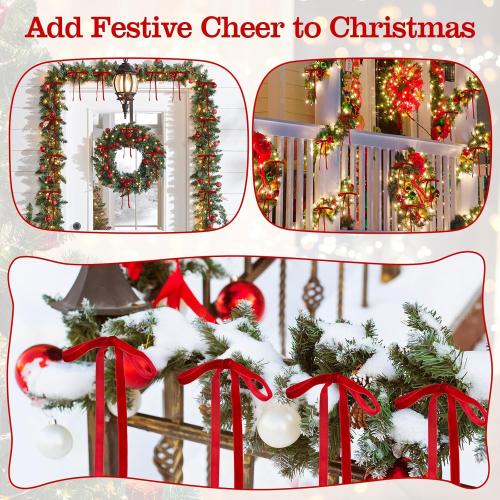 24 PCS Velvet Christmas Tree Bows，Christmas Wreath Bows,Rustic Crafts Gift Bows for Christmas Tree Indoor Outdoor Decoration(3/8'' Wide, 5 * 7 inch) (Red)