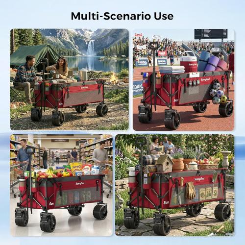 SUNNYFEEL 49 L Foldable Wagon Cart with Big Wheels - 550lbs Heavy Duty Extra Long Collapsible Shopping Cart - Utility Grocery Wagon for Garden Sports Camping Outdoor Activities (Red)
