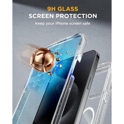 Miracase Magnetic for iPhone 15 Pro Max Case 6.7'' [Compatible with Magsafe] Full-Body Drop Proof Phone Case for iPhone 15 Pro Max with Built-in 9H Tempered Glass Screen Protector,Clear Glitter