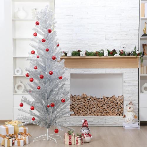 7 ft Mid Century Modern Aluminum Christmas Tree Artificial Retro Silver Xmas Tree Fake Tinsel Christmas Trees for Home Office Xmas Party Decor
