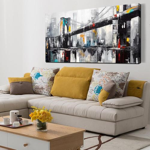 CANEITO New York City Wall Art for Living Room, Brooklyn Bridge Canvas Wall Decor for Bedroom, Black and White Cityscape Print Paintings, Size 24x48 Inches