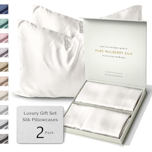 SUNDAYSILKS™ | Silk Pillow Cases 2 PACK | 22 Momme Mulberry Silk Pillowcase Set of 2 | All Sides 100% Pure Silk Slip Pillowcases Bliss for Couples with Zipper, 6A Standard Queen, King Size [Off White]