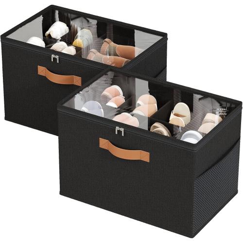 Shoe Organizer for Closet, 2-Pack Foldable Shoe Storage Box with Adjustable Dividers & Clear Cover, Fits 16 Pairs, Black, Durable and Space-Saving