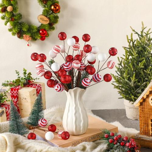8 Pcs Red and White Christmas Tree Picks 14'' Candy Cane Tree Picks Ornaments Peppermint Christmas Decoration Glitter Berry Stems with Balls for Xmas Wreath Crafts Holiday Vase Fillers Decor