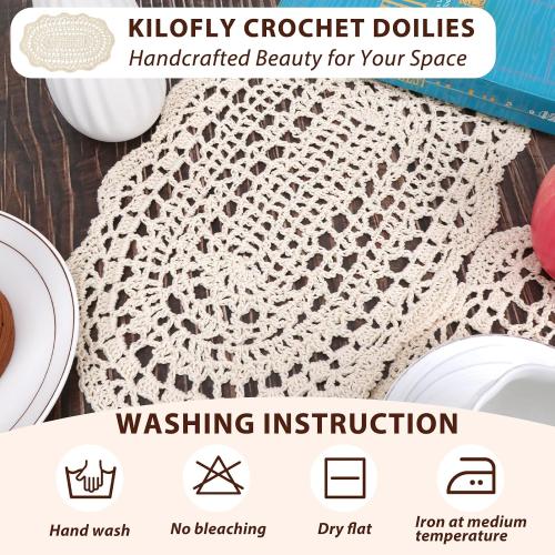 kilofly Crochet Cotton Lace Placemats Doilies 4pc, Oval, Beige, 7.8 x 14 inch