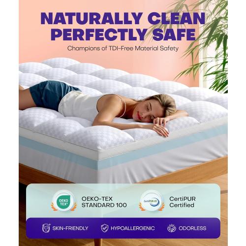 Dual Layer 4 Inch Memory Foam Mattress Topper for Pressure Relief with 4X Support, 2 Fluffy Pillow Top Queen Mattress Topper 50% Viscose Made from Bamboo Plus 2 Cooling Gel Memory Foam Mattress Pad