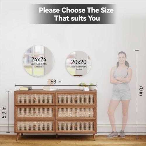 SCWF-GZ 24 Round Mirror Circle Wall Mounted Hanging or Against Wall Aluminum Alloy Metal Frame Dressing Make-up Mirrors for Entryway Bedroom Bathroom Living Room 24 inch Silver