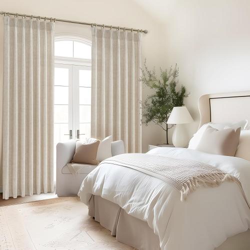 Pinch Pleat Semi Sheer Curtains 84 Inches Long for Bedroom,Elegant Natural Beige Faux Linen Light Filtering Heat Textured Curtains 2 Panels Set with Track Hooks/Rings for Living Room Windows W40 xL84