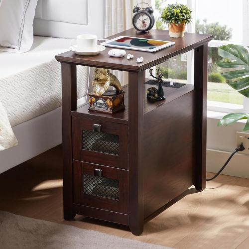 Farmhouse XXL End Table with Charging Station, Narrow Side Table with USB Ports and Outlets, Nightstand with 2 Drawers Storage, Bedside Tables for Living Room, Bedroom, Rustic Cherry