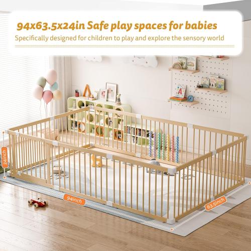 IKALIFE Extra Large Wooden Baby Playpen - Size Adjustable Fence for Babies and Toddlers, Baby Play Yard with Locking Gate, Indoor Play Pen for Kids Activity Center 10 Panels 94.5”×63.5”