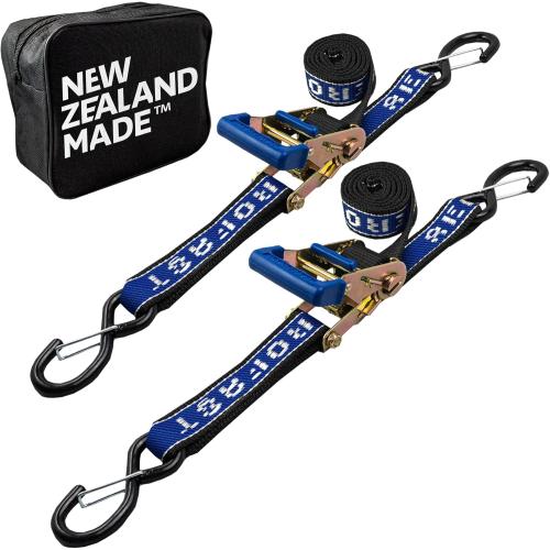 Rear TRANSOM Boat Trailer Straps Ratchet TIE Downs Strap, Made in NZ - 1.5 x 4’ Heavy Duty Rear Transom with PVC Hooks for Trailered Boats, Pontoons & Jetskis - 3,300lbs Break Strength - (Pair) Blue