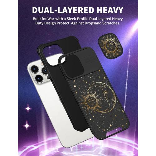 (2in1 for iPhone 14 Pro Max Case Sun and Moon Stars for Women Cute Space Phone Cover with Slide Camera Cover Protective Fashion Golden Print Design Black Cases for 14 ProMax 6.7''