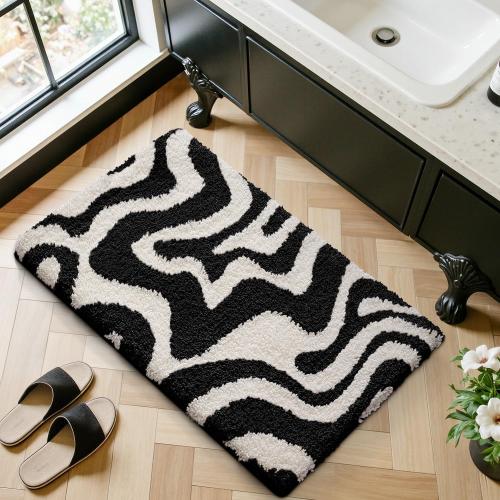 LUMI Non Slip Bathroom Rug Modern Aesthetic, Ultra Soft Absorbent Washable Bath Mats, Quick Dry Premium Floor Rugs for Shower, Tub, Black and White, 24x43