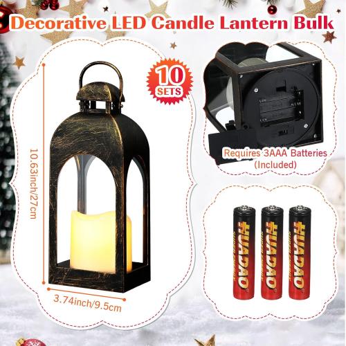 Tujoe 10 Pcs 10 Inch Decorative Candle Lantern Bulk for Wedding Centerpieces Lanterns with LED Flameless Candle Indoor Outdoor Hanging Lights for Wedding Party, Battery Included (Dark Bronze)