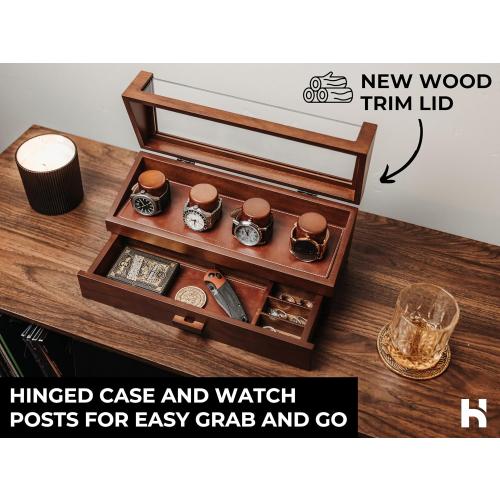 Holme & Hadfield 4 Slot Luxury Watch Display Case with Hinged Cover, Drawer