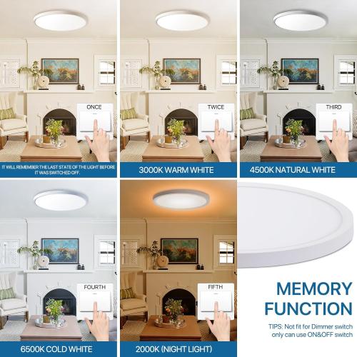 2Pack 12 Inch LED Flush Mount Ceiling Light Fixture with Remote Control, Dimmable 2000K Warm Night Light for Bedroom, 24W 3000K-6500K Color Adjustable Hardwire Lamp for Hallway, Memory Function, White