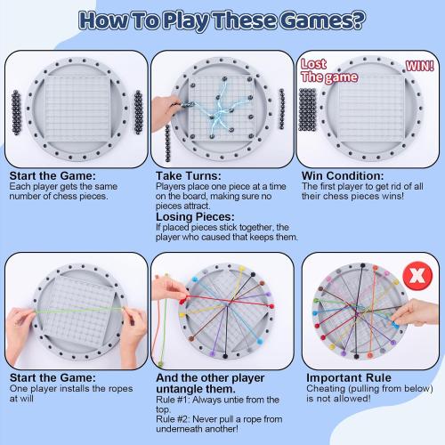 2 in 1 Board Games, Magnetic Chess & Rope Untangling Puzzle Game, Travel, Family Games for Kids and Adults, 40 Pcs Stones, Brainy Knots, Multi-Challenges for Age 8 , Educational Strategy, 2-4 Players