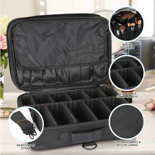 Travel Makeup Case Cosmetic Train traveling kit Organizer Portable Artist Storage Makeup Bag with Adjustable Dividers for Cosmetics Makeup Brushes Jewelry Digital Accessories 16x11x4 waterproof bag