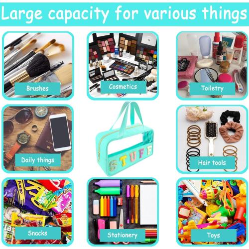 Chenille Letter Clear Makeup Bag Stuff Patch, Travel Toiletry Makeup Bag with Handle, Nylon Waterproof Makeup Bags clear cosmetic bag, preppy patch makeup bag for Women (STUFF-Mint Green)