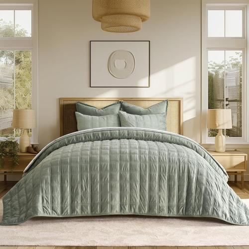 EVERGRACE 3 Pieces Luxurious Velvet Quilt Queen Size, Ultra Soft Bedspread Coverlet Set, Double Box Stitch Lightweight Velvet Comforter for All Season with 2 Shams, Sage Green, 92x96