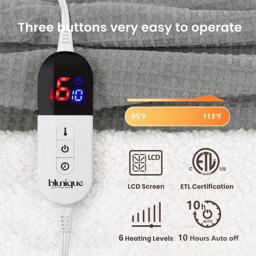 Heated Blanket Electric Blanket Twin Waffle, 62x84 Inches Sherpa Fleece Fast Heating Blanket 6 Heating Levels & 10 Hours Auto Off ETL Certification, Grey Twin