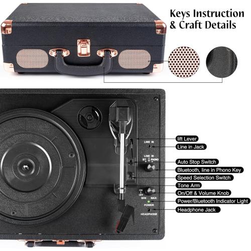 Record Player Wireless Portable Suitcase Vinyl Player with Built-in Speakers Retro Style Record Player for Vinyl Records 3-Speed RCA Line Out AUX in Vintage Turntable Upgrade Black