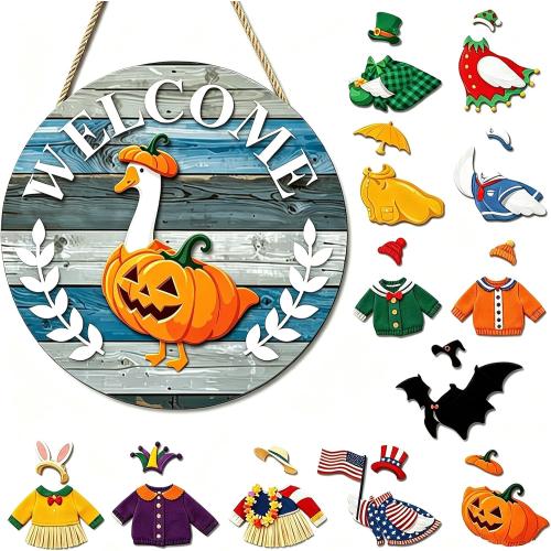 Animal-Shaped Round Interchangeable Welcome Sign, Interchangeable Door Sign with Magnetic Accessories & Detachable Hats and Clothes, Interchangeable Seasonal Decor for Easter, Valentines Day (Blue, MZ986A)