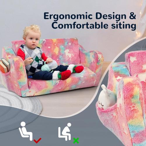 Elevon Wider Seating Toddler Couch, 2-in-1 Sofa Soft Chair for Boys Girls, Flip Open Convertible Sleeper for Playroom, Glowing Rainbow