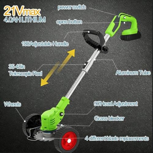 Electric Weed Wacker, 21V Cordless Weed Eater Battery Powered, No String Trimmer with Wheels & Metal Blades, Lightweight Grass Trimmer/Brush Cutter/Lawn Edger, Stringless Weed Trimmer for Yard Garden