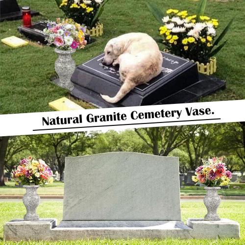 Cemetery Vase, Turned Granite Vase Polished, Memorial Stone Vases with Draining Holes for Home Tabletop, Cemetery Flowers, Grave Headstone Decorations (1pc, Grey)