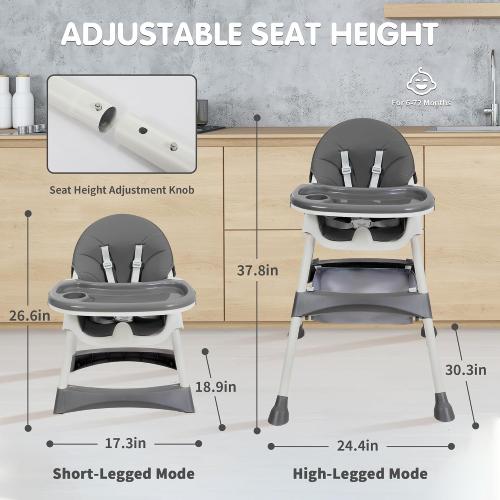 White & Grey Baby High Chair, 6 in 1 Convertible High Chairs for Babies and Toddlers with 5-Point Safety Harness,Foldable High Chair for Space-Saving, Adjustable Dining Tray,Backrest & Height,Easy to Clean Surface