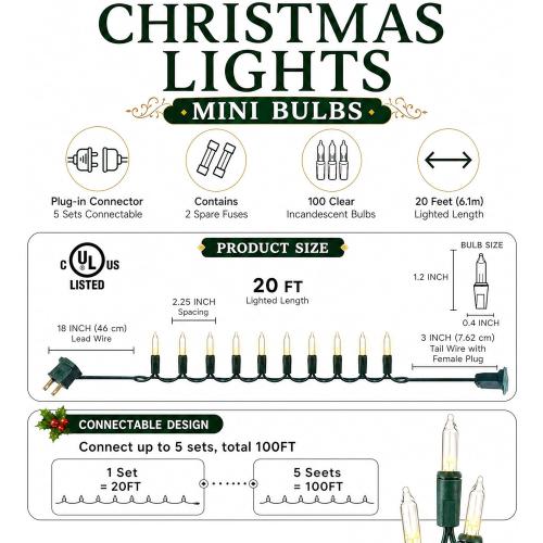 Warm White Christmas Lights, 2 Pack Total 40FT 200 Count Incandescent Christmas Mini Tree String Lights, Waterproof Christmas Decorations for Outdoor Indoor Xmas Patio Home Party Garden Yard Decor