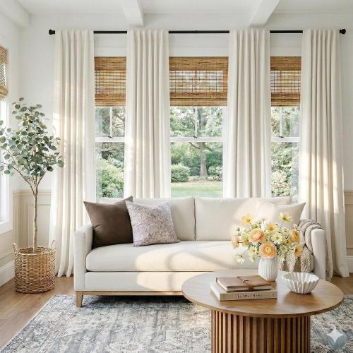 Beige White Total Blackout Curtains for Bedroom 102 Inches Long