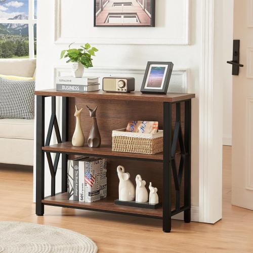 Size 35.43W x 12.6D x 30.9H.HOMISSUE Bookshelf, 3-Tier Rustic Short Bookshelf, Industrial Shelf Bookcase with Engineered Wood Shelves, Low Bookcase with Storage, Small Shelf for Living Room, Bedroom and Office, Rustic Brown