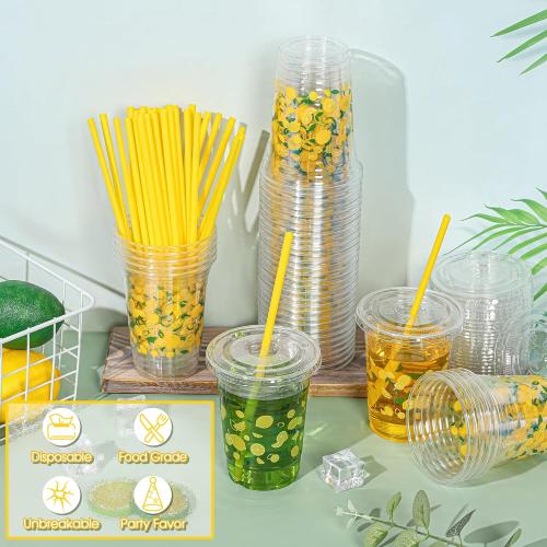 300 Pieces Lemon Plastic Disposable Cups with Lids and Straws 16 Ounce Lemon Hawaiian Luau Party Plastic Cups Clear Summer Tropical Party Cups Fruit Cold Cups for Lemonade Juice Water