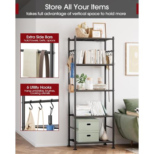 Sakugi Storage Shelves - 5-Tier Large Capacity Shelf Organizer with Hooks, Heavy-Duty Garage Shelving with Leveling Feet, Wobble-Free Rack for Bedroom, Balcony, Garage, Black