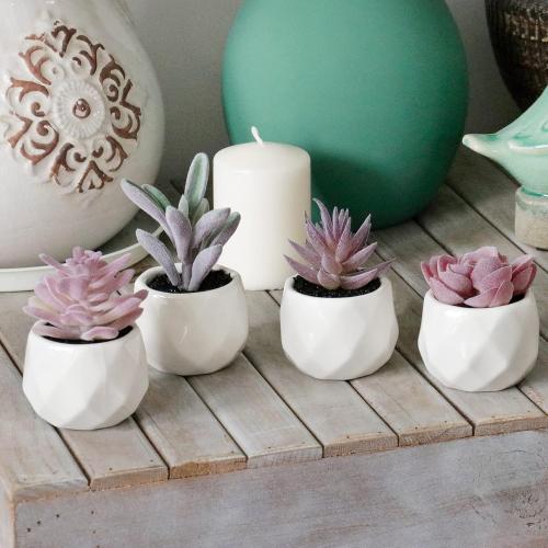 NORRIK BY DESIGN Purple Artificial Faux Succulents in Pots, Mini Purple Fake Plants for Women Desk, Small Realistic Faux Succulents for Home Office Accessories Window Sill Bathroom Bedroom 4 Set